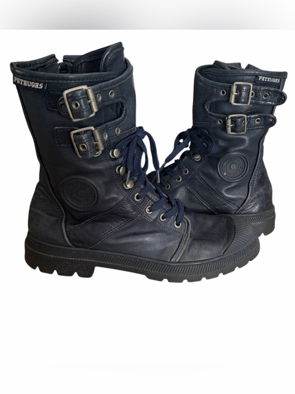 Pataugas black leather moto style buckle boots, side zip, lace up , sz 38/5/7.5.